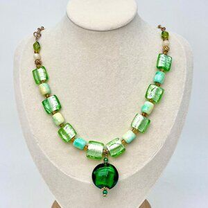 Handmade Green Glass Beaded Necklace Toggle Clasp Statement